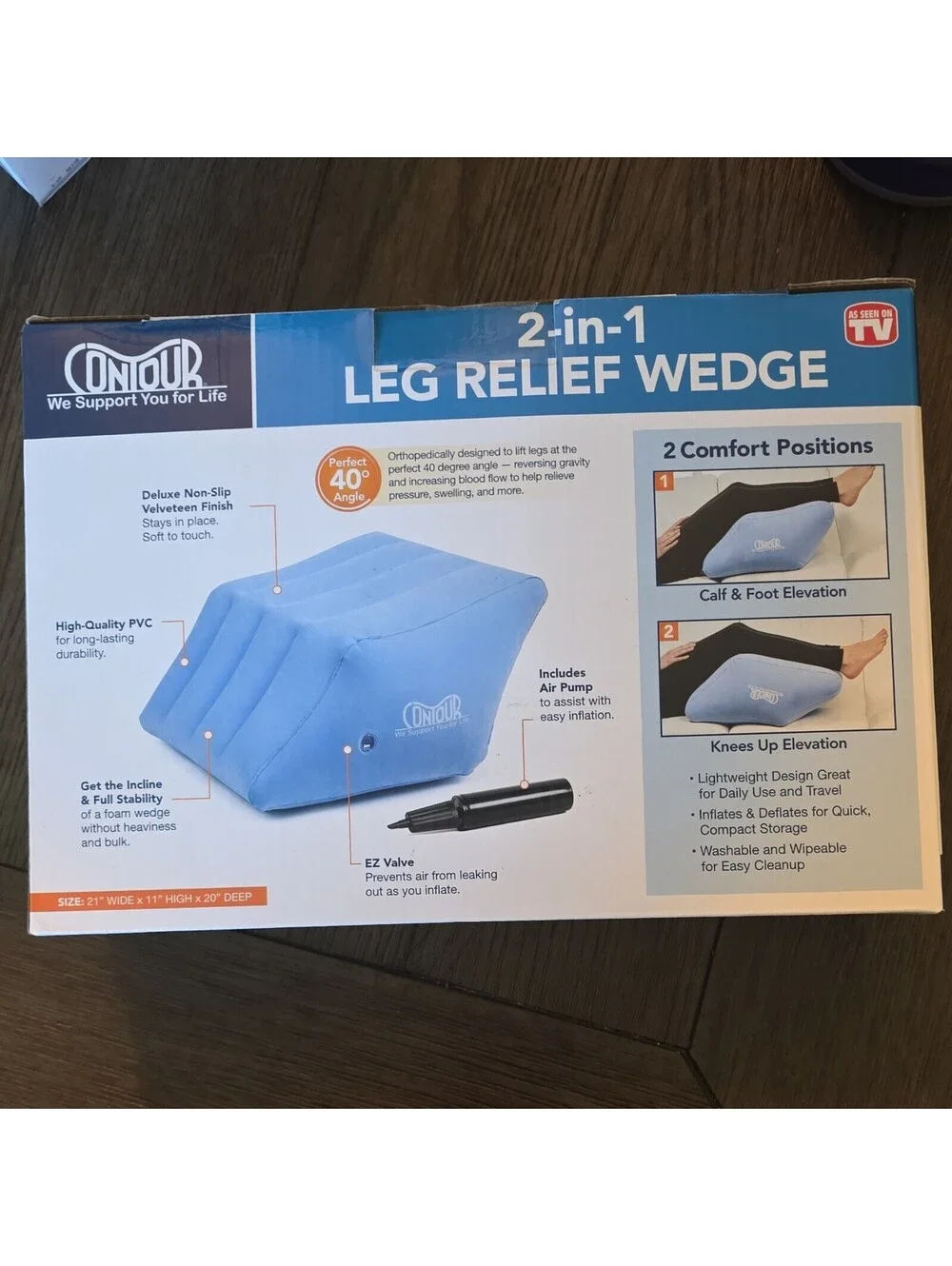Contour 2-in-1 Leg Relief Wedge Leg Elevation Pillow Inflatable w/ Pump Blue